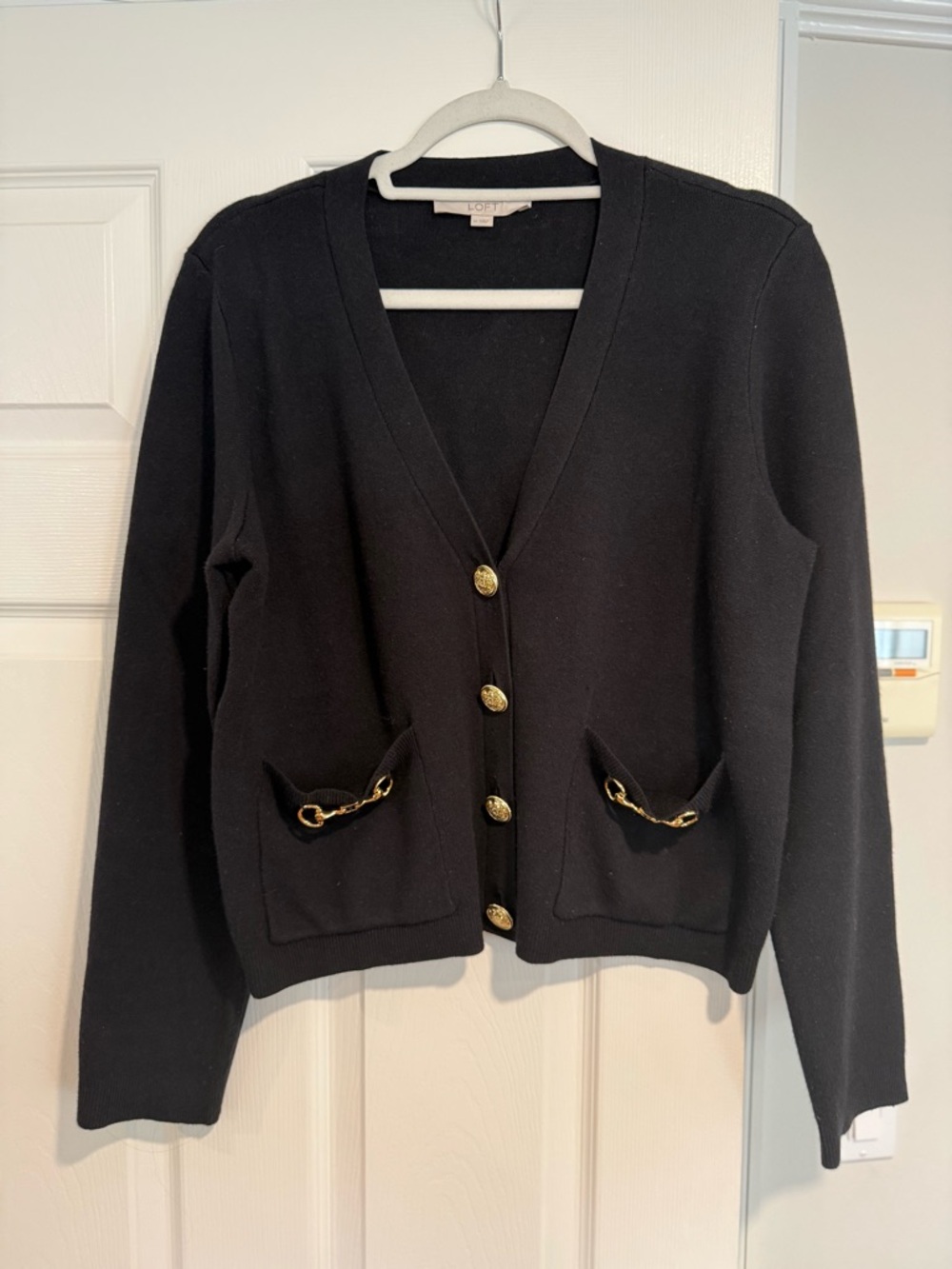 LOFT Black V-Neck Cardigan with Gold Buttons/ Horsebit Pockets, Size Medium